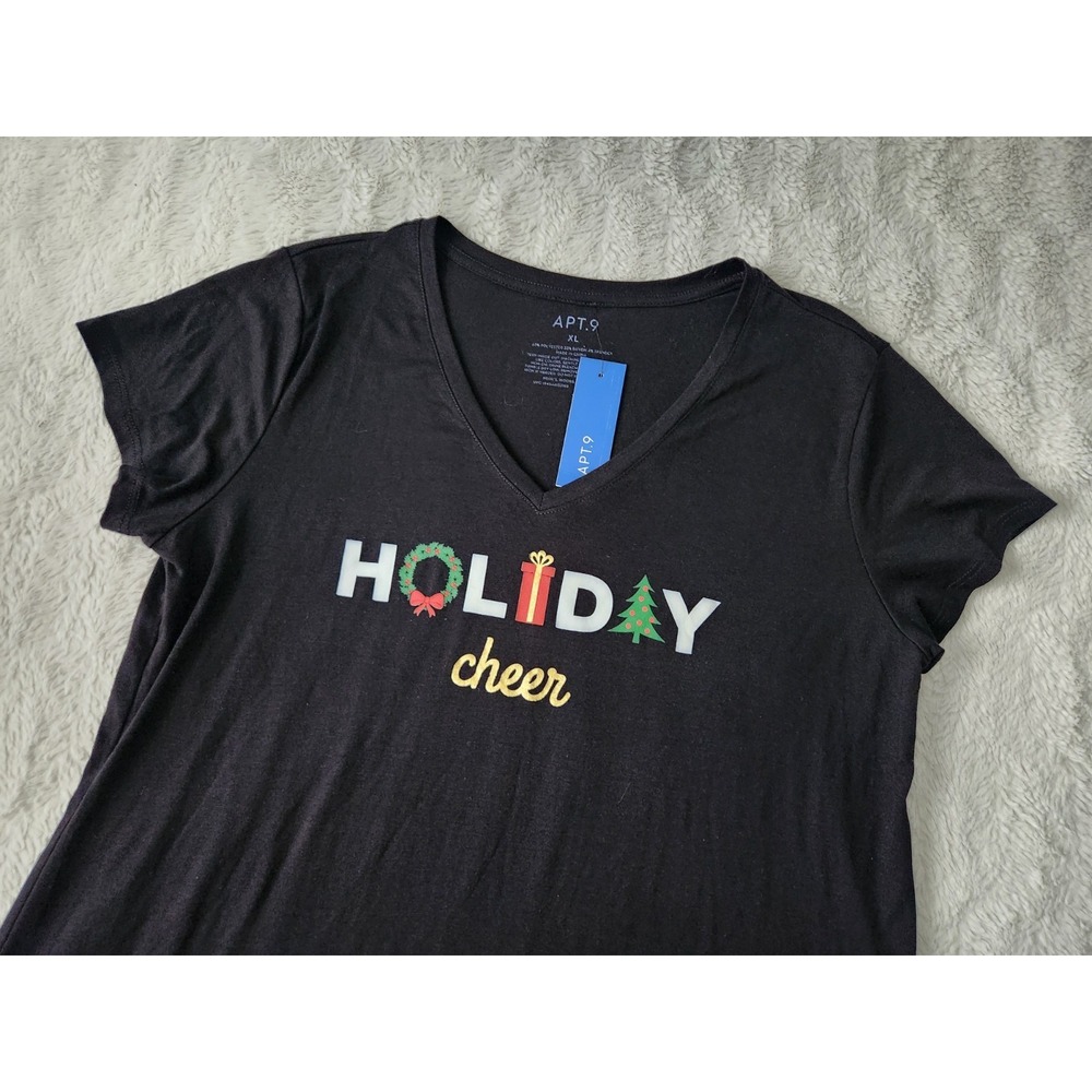 NWT Apt. 9 Women's Black Holiday Cheer V-Neck Graphic T-Shirt Size XL Christmas